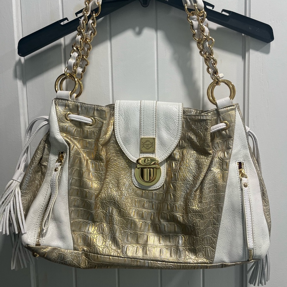 Sharif Gold and White Shoulder Bag with Chain Straps